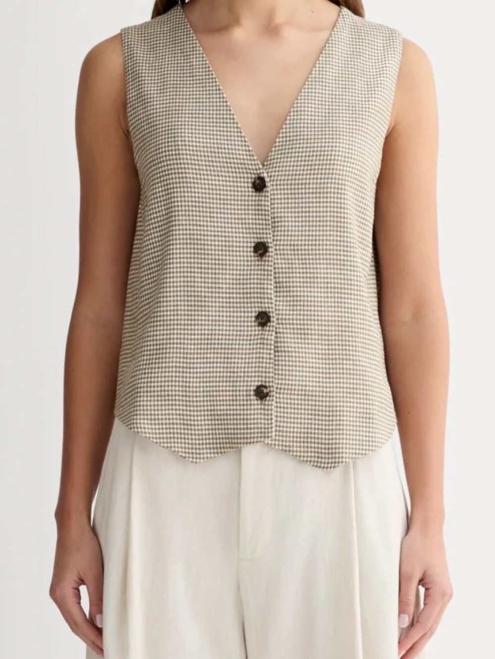 Everlane Taupe and White Gingham Sleeveless Button-Front Top Vest - Picture 10 of 10